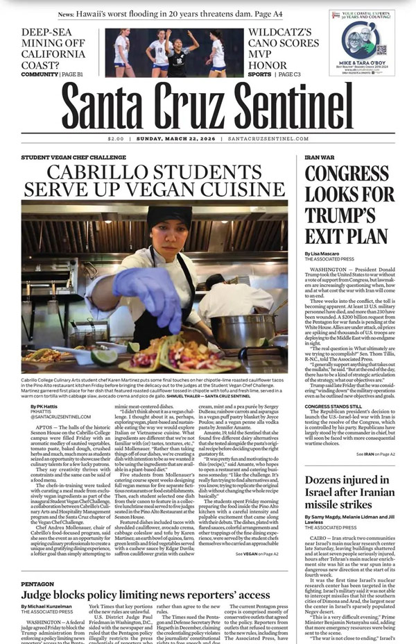 Vegan Chef Challenge feature on the cover of the Santa Cruz Sentinel
